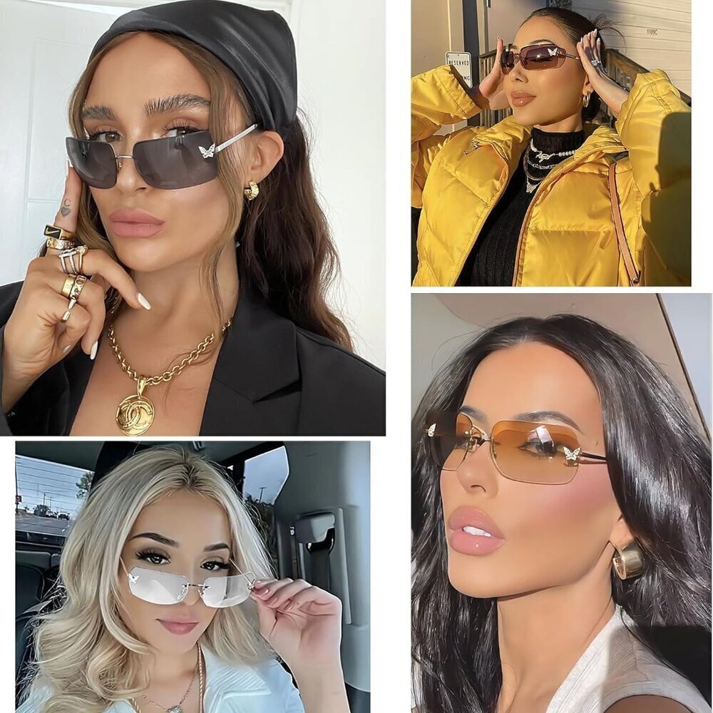 Rectangle Y2K Sunglasses Women Men Frameless UV400 Tinted Shades Butterfly - Picture 3 of 7